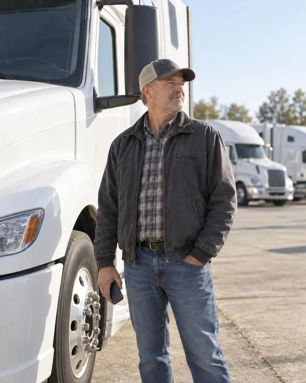 A driver standing beside his parked truck in a sunny yard