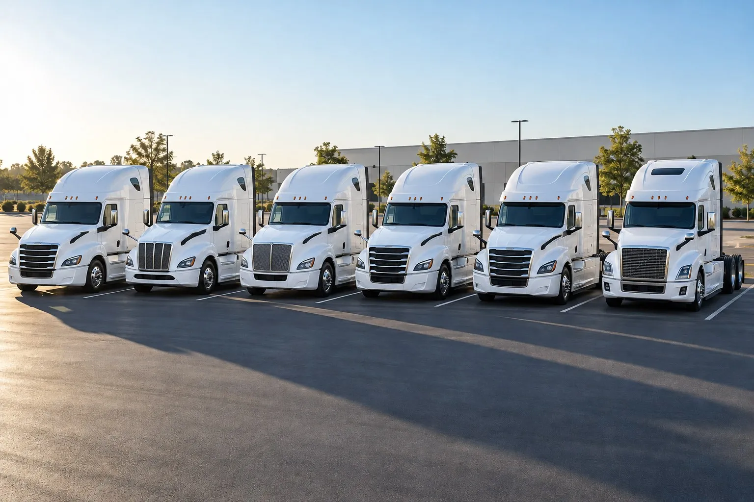 A row of white trucks parked in a fleet yard in the morning sun