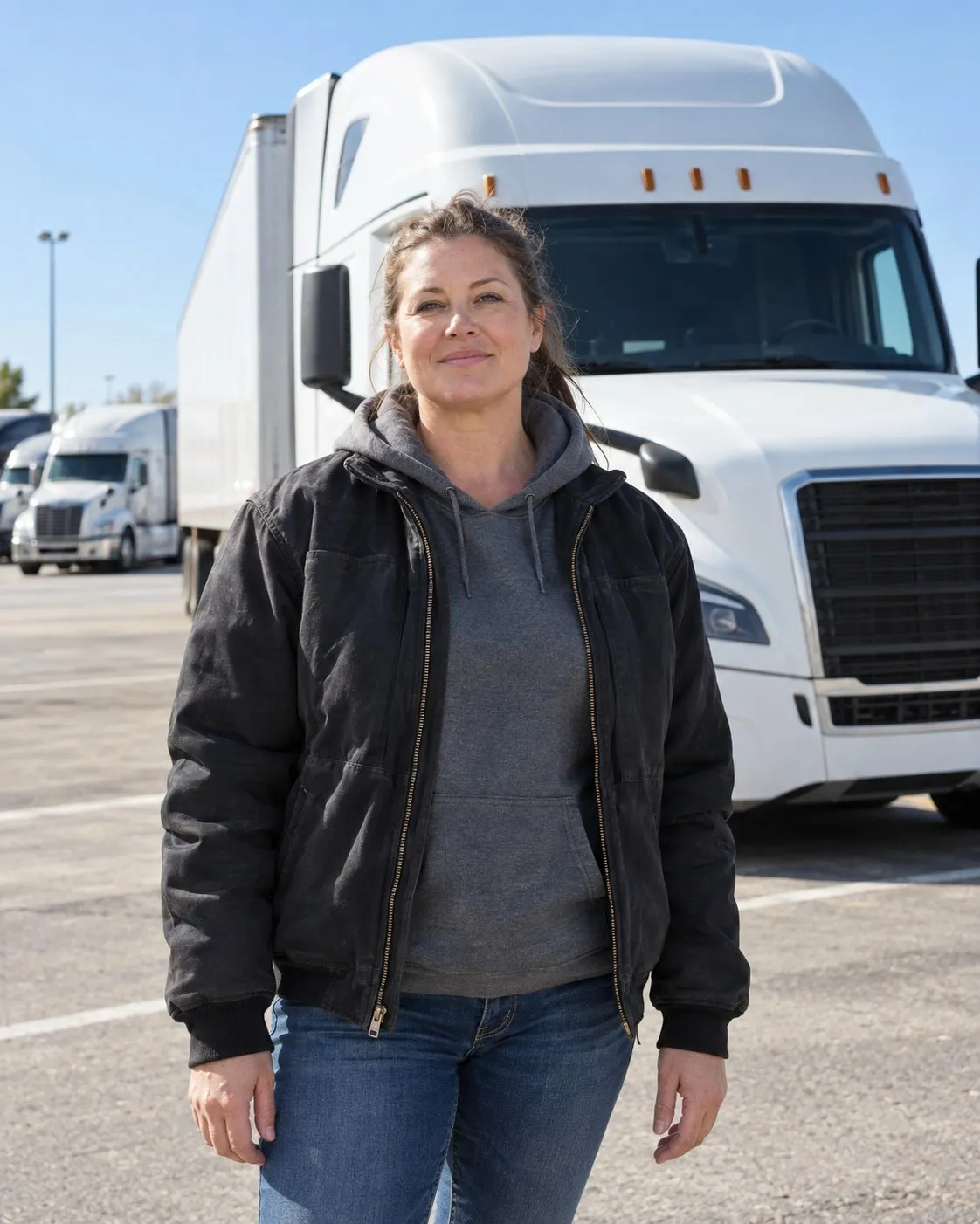 An owner-operator standing in front of her parked truck at a truck stop