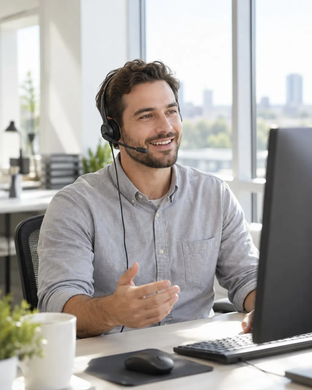 A KeeponELD support agent with a headset in a bright office