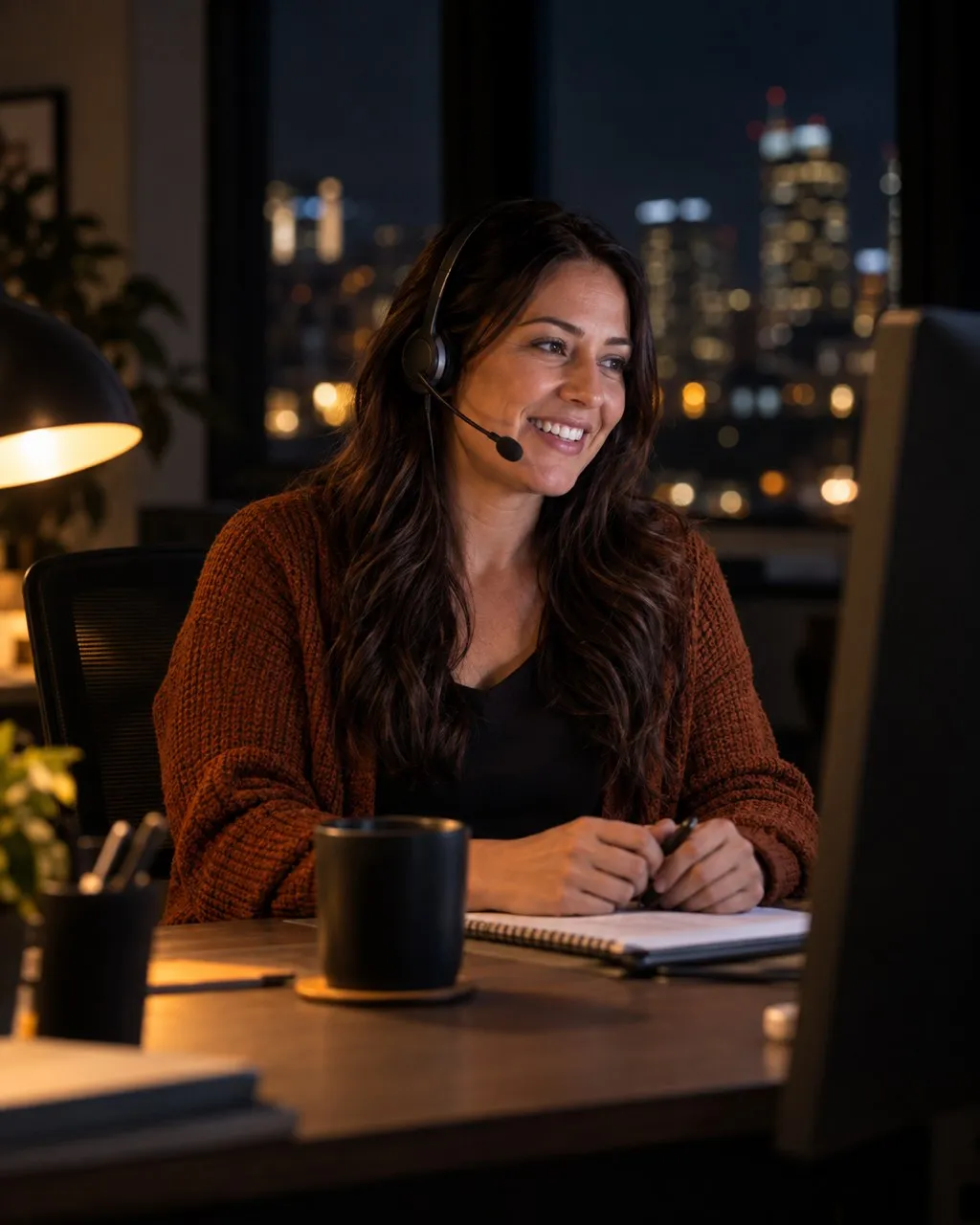 A support agent with a headset taking a call at night